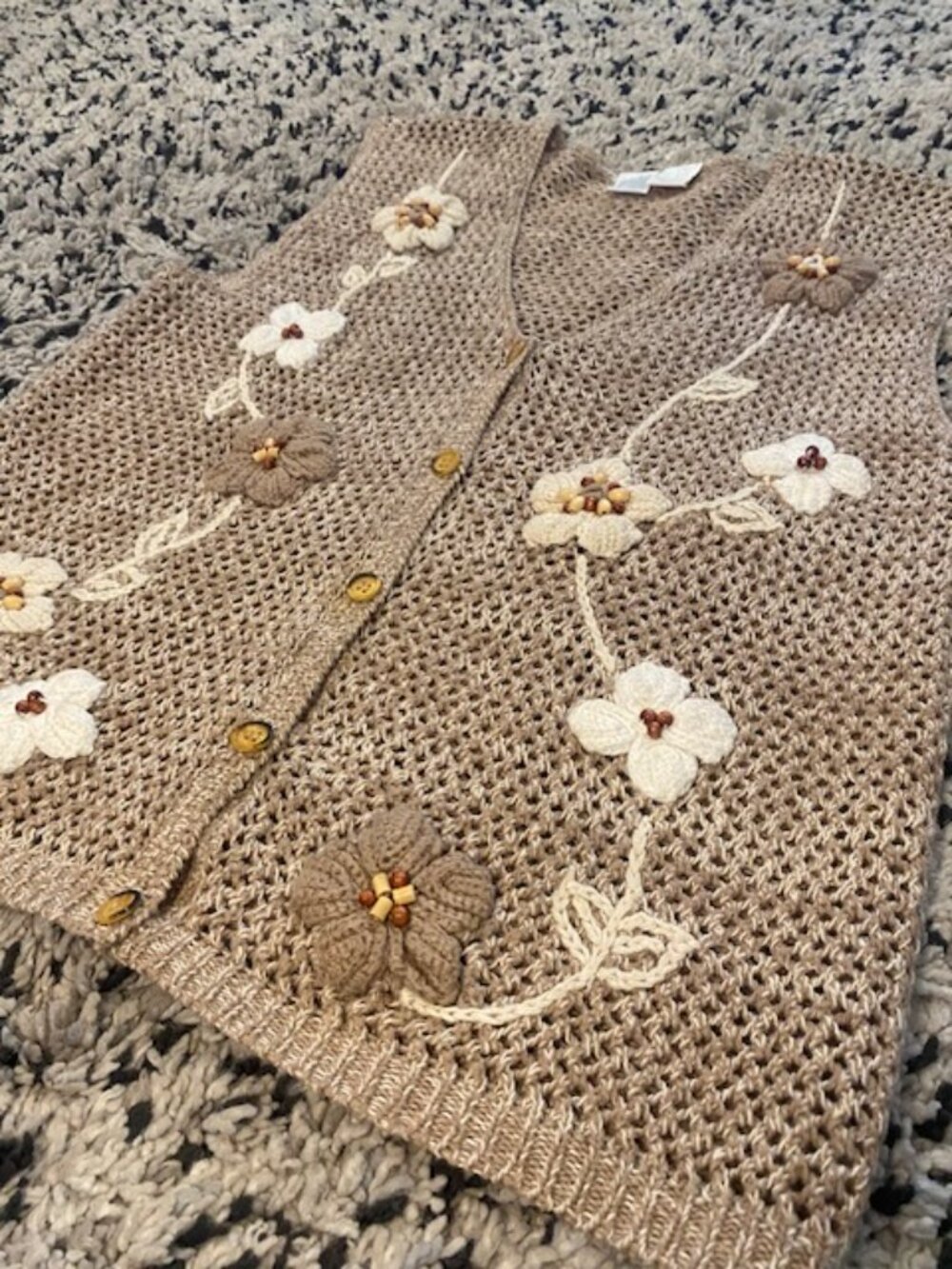 VTG Knit Vest Beaded embroidery Floral Brown Grandmacore Size Small - Picture 4 of 12